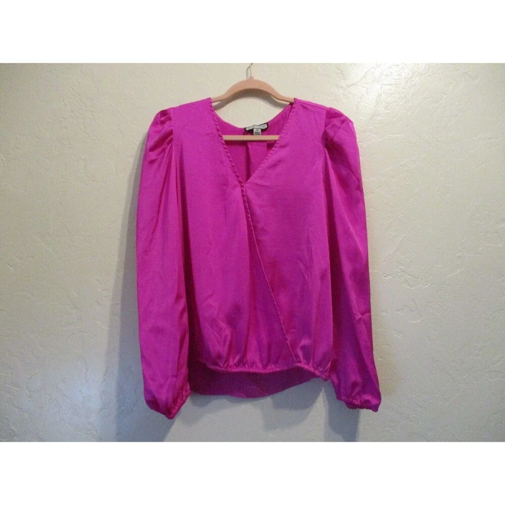 Sam & Jess Womens Sz M Satin Surplice Long Sleeve Puff Shoulder Top Pink Silky - Picture 2 of 9
